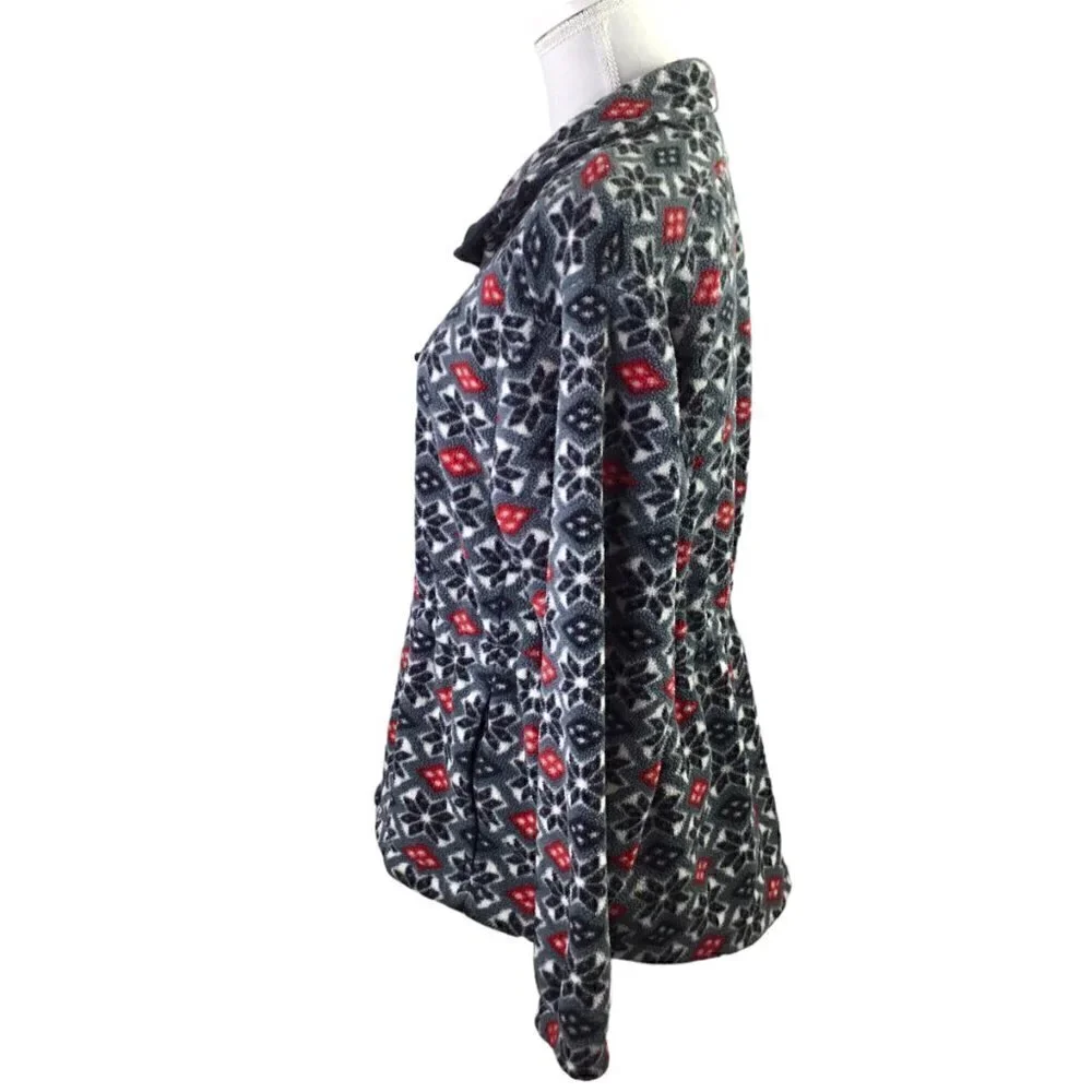 L.L. Bean Fleece Jacket Coat Full Zip Snowflake Adj Waist Pockets Black Red